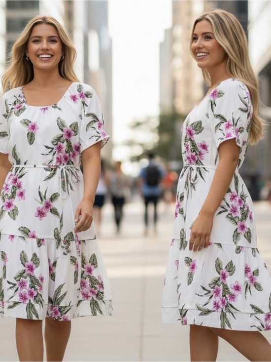 Lands' End Dresses & Skirts - Lands end White Floral Tie-Waist Midi Dress - Pink & Green Print
